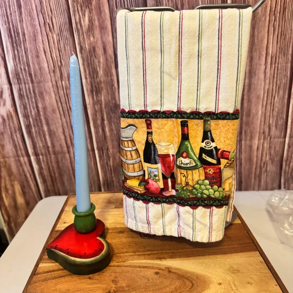 Norton Watermelon Heart Wood Candle Holder Wine Vineyard Tea Towel Set Red Green